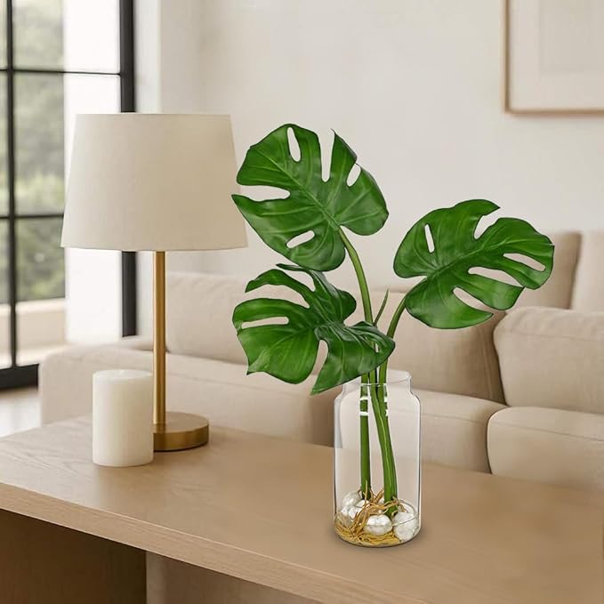 Oairse Artificial Monstera Leaves Plant in Glass Vase with Faux Water & Pebble - 16.5" Fake Tropical Plants Turtle-Back Plant Leaves Monstera Stem Greenery for Home Indoor Centerpiece Farmhouse Decor