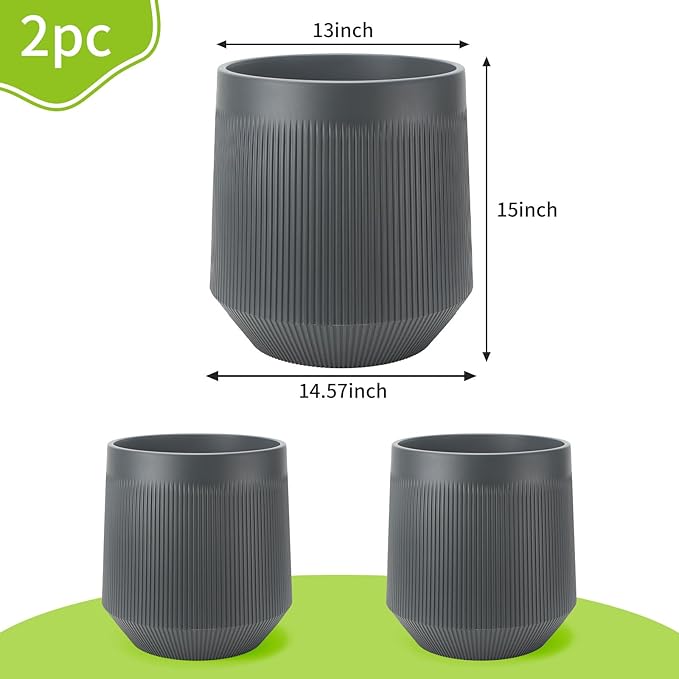Yaghpy Plant Pots，Set of 2 Plastic Large Pots for Indoor Plants,Flower Pots Outdoor Planters with Drainage Hole and Seamless Saucer,(Gray 15Inches)