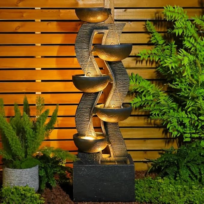 52.8" Tall Outdoor Water Fountain and Waterfall with LED Lights, Cascading Bowl Garden Waterfall Fountain for Patio, Garden, or Porch Decor – Large Freestanding Resin Water Feature for Backyard