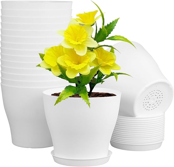 Meowell 6 inch Plastic Nursery Pots, 16 Pack Plant Pots for Small Indoor Outdoor Plants, Flower Pots with Drainage Holes and Saucers, Decorative Seedling Starter Planters for House Plants, White
