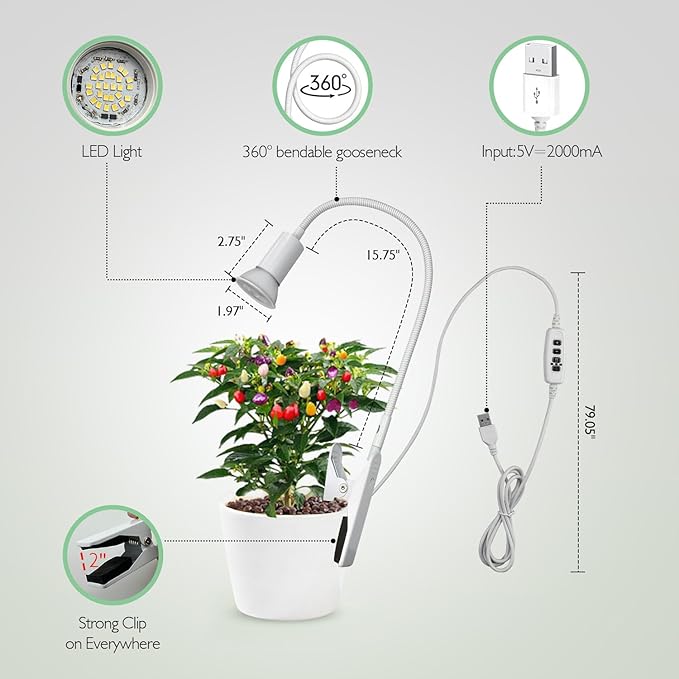 Soliseed LED Clip on Grow Light 10W Full Spectrum 4000K, Small Plant Light with Timer, 10 Dimming Levels, Cactus Grow Lights, Inside Spotlight with Flexible Gooseneck Plant Lights, 2pack