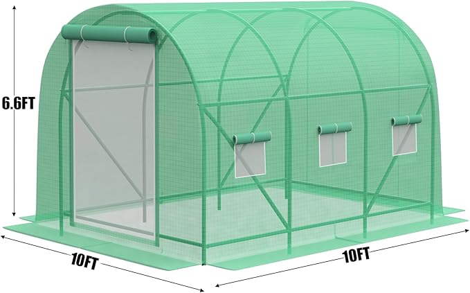 10x10x7 Greenhouse, Portable Green House for Outside, Greenhouses Kit for Outdoor with Metal Frame, Thicken PE Cover, Ground Nail and Fixed Ropes (Green Cover)