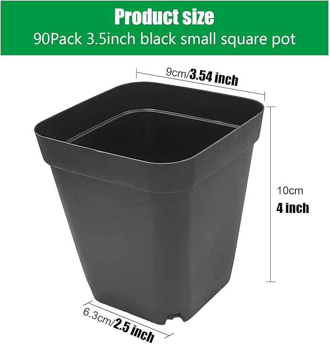 RooTrimmer Square Nursery Pots 3.54Inches 90 Pcs Seedling Flower Post Plastic Thick Seed Start Germination for Plant Propagation,Sturdy Suit for 1020 Trays(Black,3.54Inches,90Pcs)