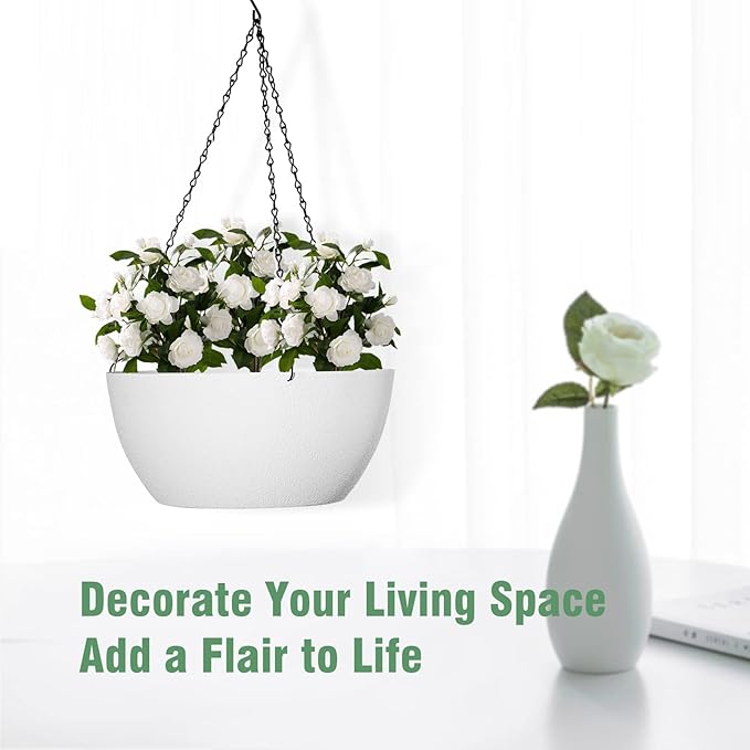WSMKSZ 10 inch Hanging Planters for Outdoor Indoor Plants with Drainage Holes and Chain, 2 Pack Round Hanging Flower Plant Pots for Garden Home Porch Decor, White
