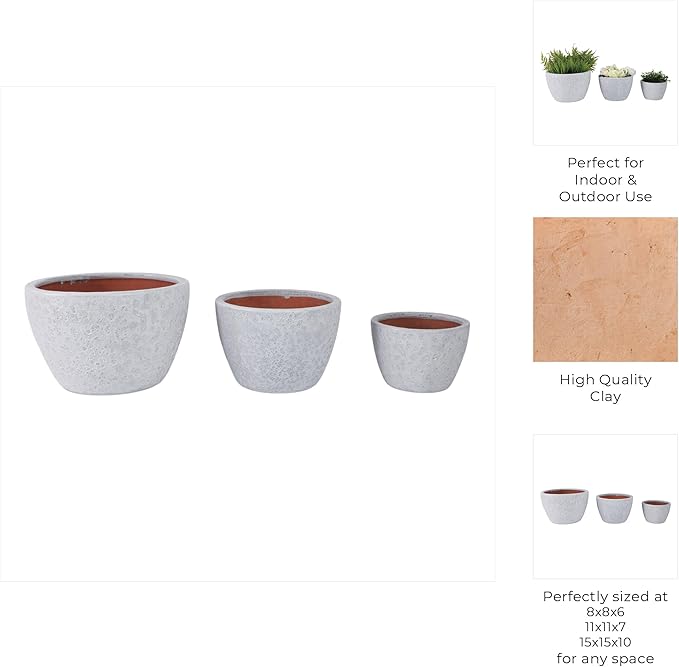 Pottery Clay Planter Pots Set - Planters for Versatile Plant Styling, Indoor & Outdoor Patio and Garden Display, Textured Home Decor Design for Modern Outdoor and Calm Interiors – 10" 7" 6", White