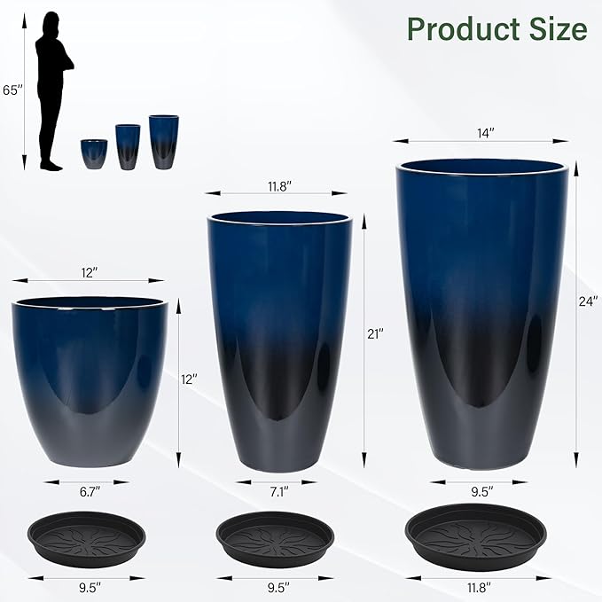 Neoaider 24/21/12 Inch Large Plastic Planter, Lightweight Ceramic-Look Tall Planters with Drain Hole & Saucers, Tall Plastic Planters for Porch, Garden, Patio, Balcony(Dark Blue)