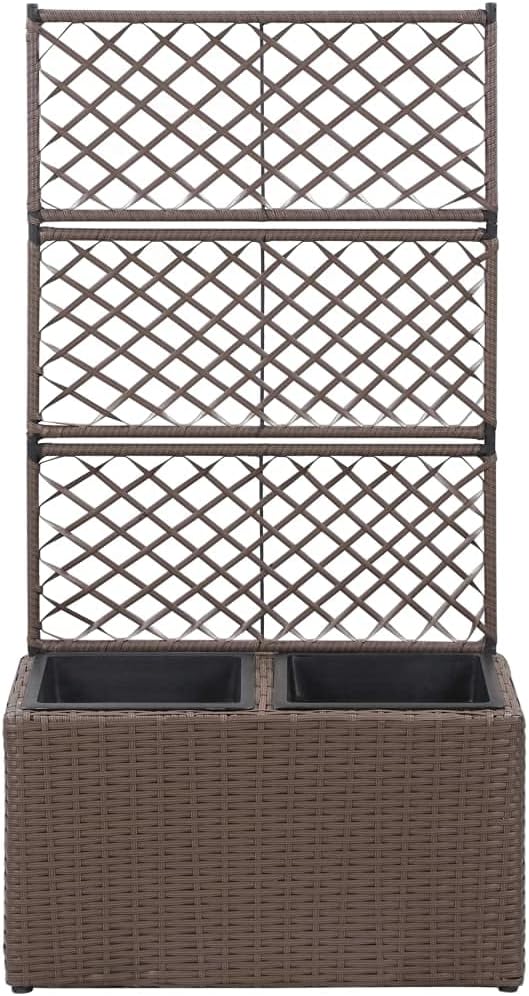 vidaXL Poly Rattan Brown Trellis Raised Bed - 2 Removable Pots with Large Flower Boxes - Built-in Support for Climbing Plants - Outdoor Patio Garden Decoration