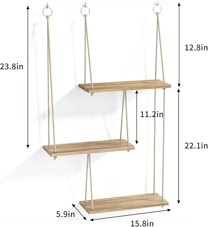 Fixwal Hanging Plant Shelves for Wall, 3 Tier Boho Wall Decor Plant Rack Floating Shelves Rope Rustic Wood Organizer Storage Hanger for Aesthetic Home Bedroom Kitchen Bathroom- Rustic Brown