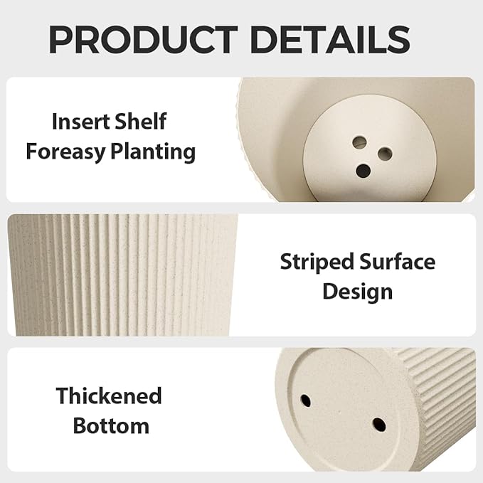 Diyfire Tall Outdoor Planter Set of 2-23.6" Large Striped Plastic Flower Pots, Decorative Indoor/Outdoor Planters for Porch, Patio, Balcony & Garden, Cream