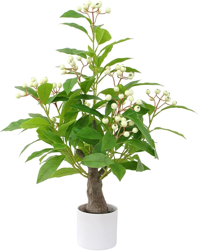 24" Artificial Greenery Tree with Pot, Indoor Fake Green Plant Small Faux Berry Branches Green Potted Tree Stems for Tabletop Desk Office Kitchen Living Room Bedroom Bathroom Home Decor (White Berry)