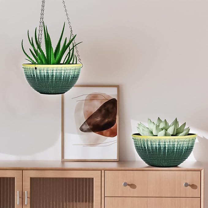 LESOASIS 10inch Hanging Planter, 2 Pack Hanging Planters for Indoor and Outdoor Plants, Glazed Hanging Plant Holder with Drainage, Indoor Hanging Flower Pots for Garden Home (Green Glaze)