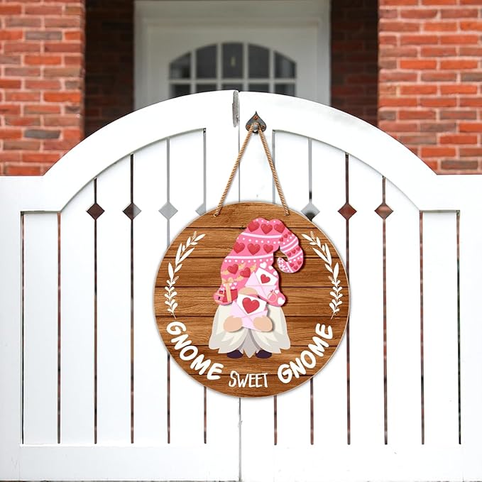 Interchangeable Gnome Welcome Sign Valentine's Day Door Decorations, Changeable Seasonal Front Porch Decor Wood Wreath Gnomes Gifts for Spring Summer Fall Winter All Seasons Holiday, Light Brown