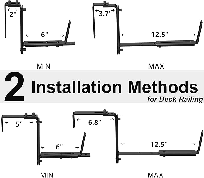 Y&M Window Box Brackets, Heavy Duty Iron Adjustable Planter Flower Box Brackets for Railings, Perfect for Balconies, Fences, and Gardens（4 Packs）