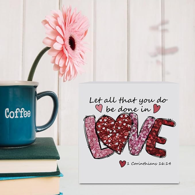 Valentines Day Decorations, Valentines Day Gifts for Her Him, Gift for Boyfriend Girlfriend, Pink Jesus Bible Verse Anniversary Christian Wooden Box Sign Husband Wife Home Office Bedroom Desk Decor