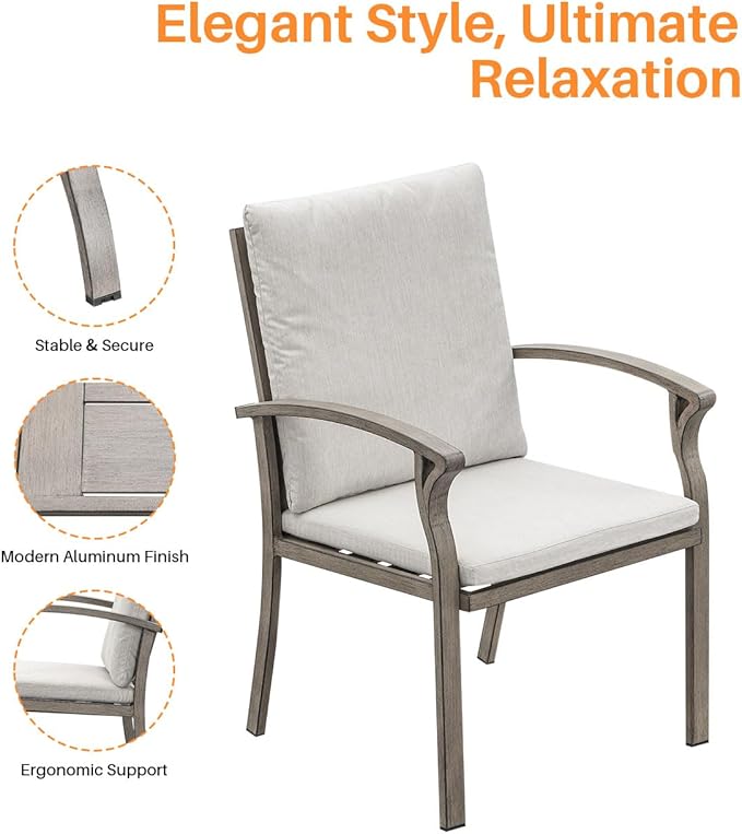 Patio Dining Chairs Set of 4, Aluminum Outdoor Dining Chairs with Thick Cushion, Patio Outdoor Chair Set for Table, Patio Chair Furniture Set for Deck, Backyard, Garden, Pool, Limed Oak