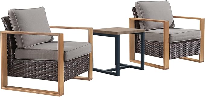 Rilyson 3 Piece Wicker Patio Furniture Set,Patio Bistro Set with 2 Rattan Armrest Chairs and 1 Side Table,Sturdy Frame,All-Weather PE Wicker,Wide Armrest,Deep Seating and Thick Cushions(Brown/Grey)