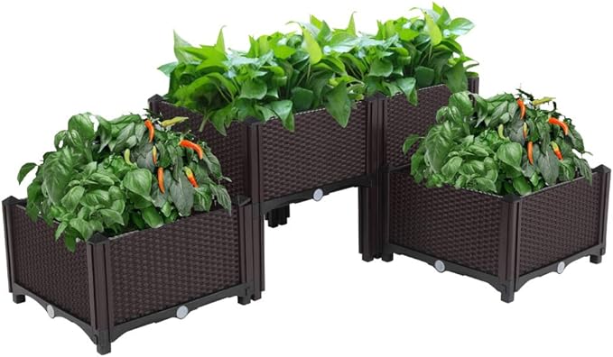 Raised Garden Beds, Planter Box, Self-Watering Plastic Planter for Indoor Outdoor Vegetables, Fruits, Potato, Flowers (4 Pcs)