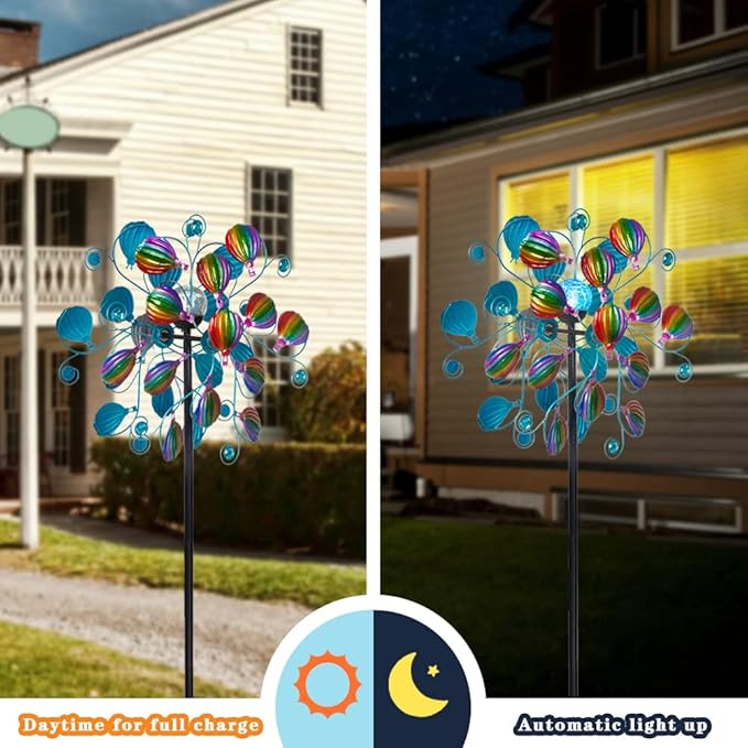 VEWOSTAR Solar Wind Spinners Outdoor,Hot Air Balloon Wind Spinner with LED Glass Ball,Muti-color Wind Spinners for Yard and Garden,Pinwheels Kinetic Wind Spinner,Wind Sculptures & Spinners for Pathway