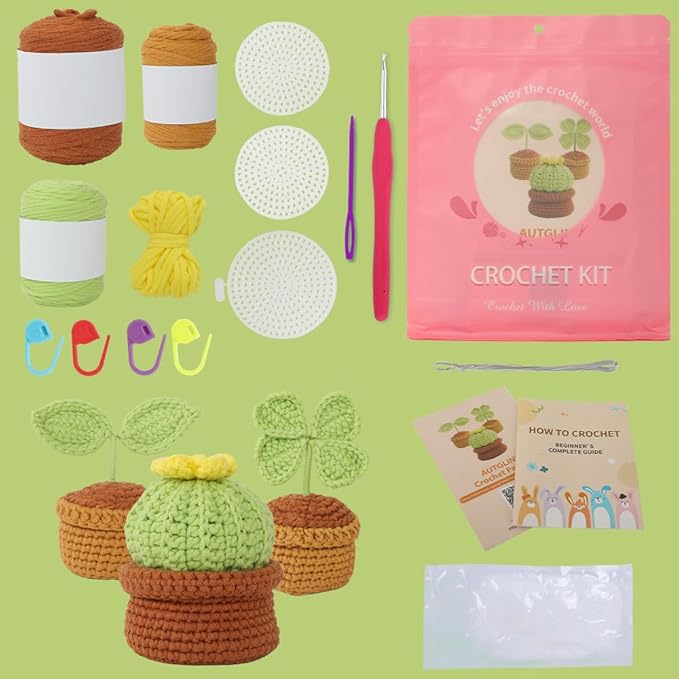 Autglint Potted Plant Crochet Kit for Beginners - DIY Succulent Garden Amigurumi Set for Home Office Decor | Step-by-Step Video Tutorials & Non-Split Yarn | Everlasting Greenery Craft Gift