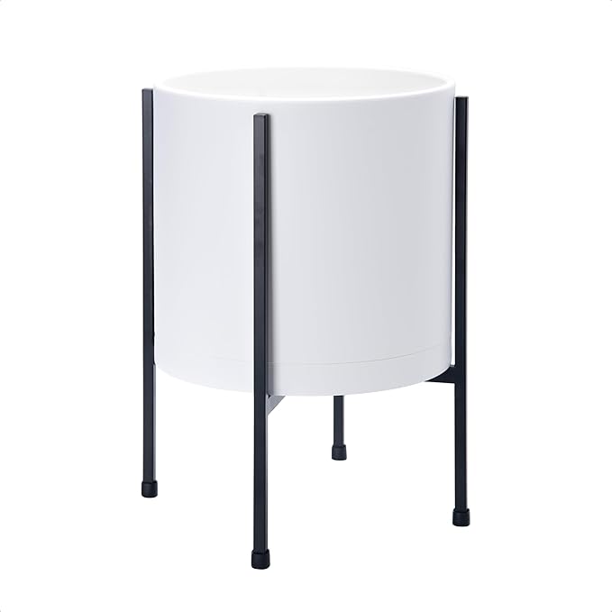D'vine Dev 10 Inch White Planter Pot with Stand – Modern Plastic Cylinder Flower Pot with Heavy-Duty Metal Stand for Indoor Plants, 55-D-A-2