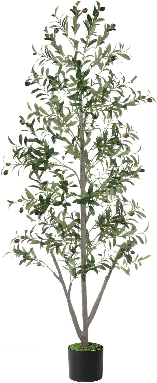 Olive Trees Artificial Indoor, 7FT Tall Faux Olive Tree with Moss and Planter, Artificial Plants Indoor with Natural Wood Trunk and Lifelike Fruits, Fake Tree for Home Office Living Room Decor