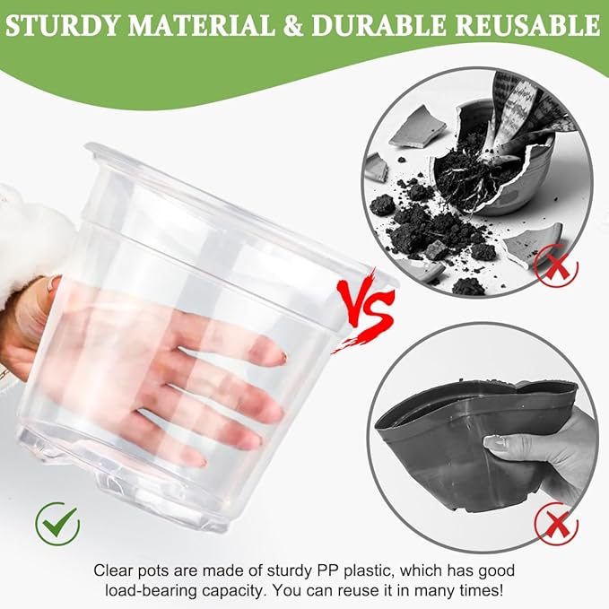 RooTrimmer 60 Pack 6 Inch Clear Nursery Pots for Plants, Flexible Plastic Plant Pots with Drainage Holes, Transparent Plant Starter Pots for Seedlings, Vegetable, Succulents, Flowers