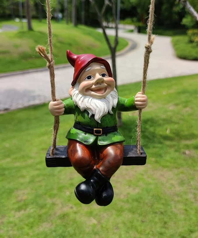 Garden Gnome Hanging Statue - Handpainted Resin Fun Outdoor Decor, Perfect for Patios, Gardens, Porches, or Lawns Great Christmas Tree Decor Halloween New Year
