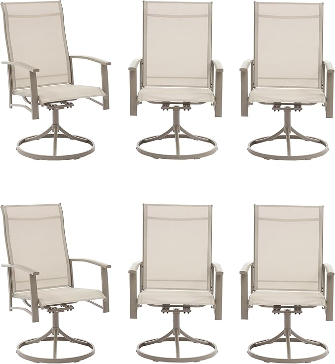 Patio Swivel Chairs Set of 6, All-Weather Metal Outdoor Dining Set with Breathable Mesh Seat, Lightweight Ivory Swivel Bistro Chairs for Garden, Deck, Porch - Cool & Comfortable Relaxation