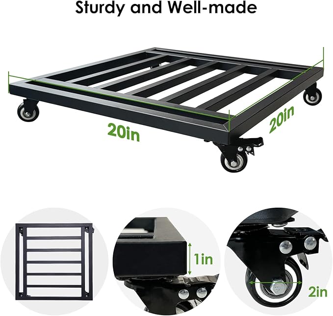 Hongsane 20" Square Plant Stand with Wheels Heavy Duty,Large Metal Plant Caddy Indoor Outdoor Use,Rolling Plant Dolly with Industrial Casters,Rust-Proof Black Plant Tray for Large Planters Pots,1-Pack