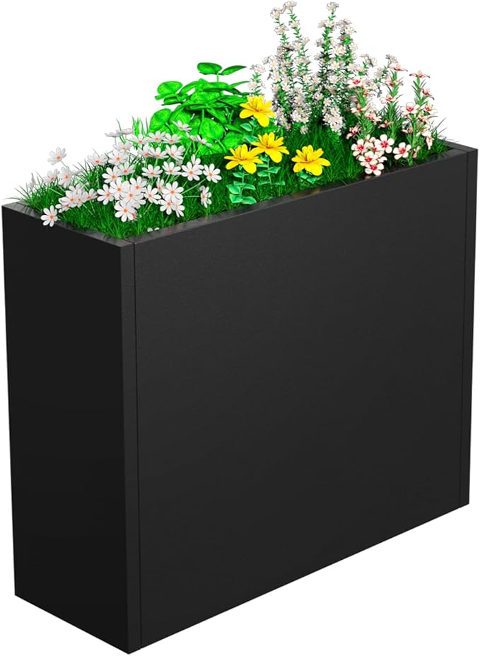 POOAMY Metal Planter, 30L x 10W x 24H, Heavy Duty Tall Planters for Outdoor Plants, Black Planters with Removable Insert Shelf, Large Planters with Drainage Holes for Porch, Patio and Yard, Black