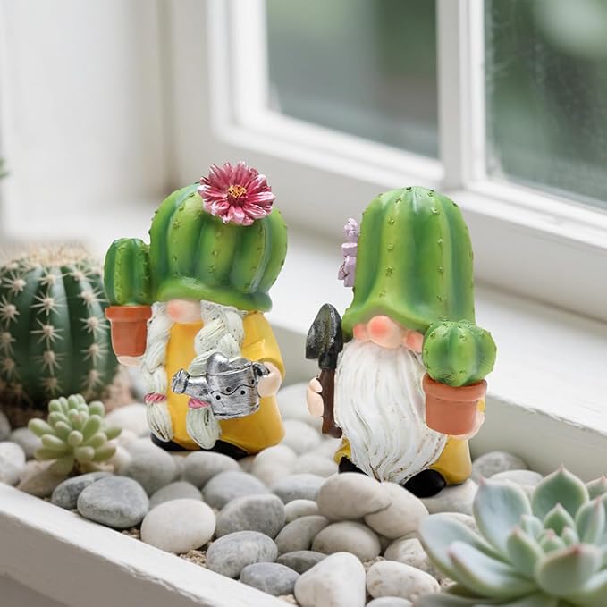 Hodao Cactus Gnome Figurines – Cute Hand-Painted Resin Gnome Statues for Spring and Summer Home and Garden Decor, Patio, Windowsill and Tiered Tray Accents(4.25 inch)