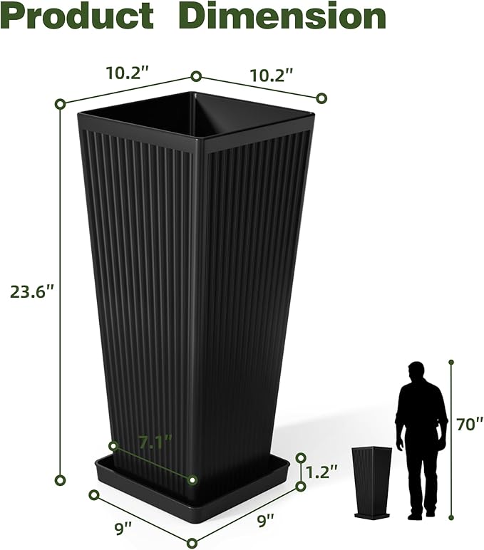 Trygoal Square Tall Planters for Outdoor Plants Set of 2-23.6" Modern Tapered Indoor Flower Pots with Drainage Holes/Partition/Tray, Large Outdoor Planters for Porch Patio Garden Front Porch, Black
