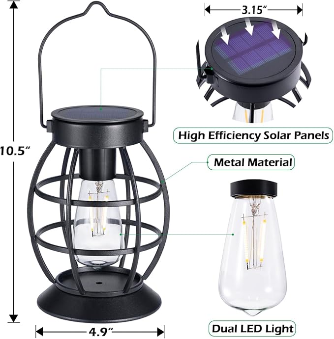 LeiDrail Solar Lantern Outdoor Hanging Waterproof Lights, Metal LED Lanterns Sun Powered Landscape Decor for Table Garden Yard Patio Pathway Porch 4 Pack