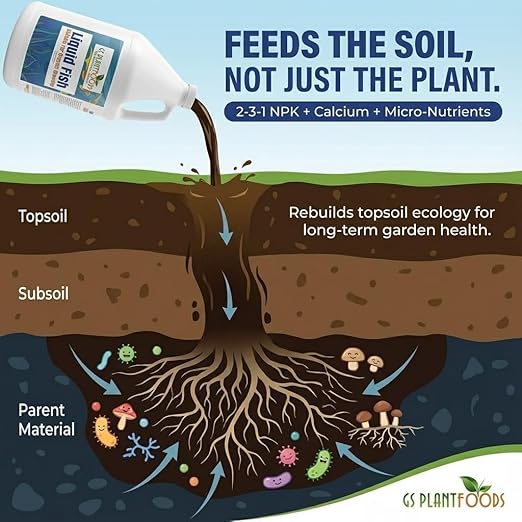 GS Plant Foods Liquid Fish Fertilizer - Organic Material Review Institute Listed (1 Gallon) – Natural Hydrolyzed Fish Fertilizer for Gardens, Lawns & Container Growing