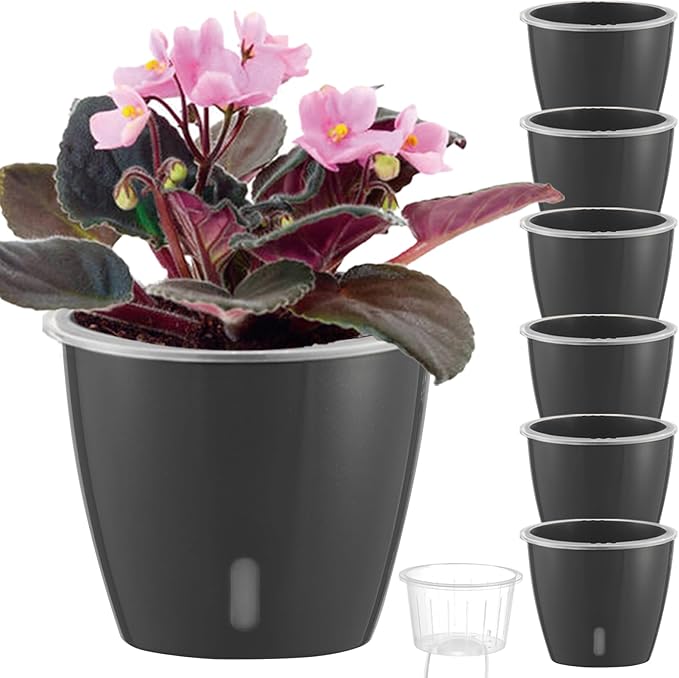 KvyusFlourish Self Watering Pots for Indoor Plants, 6-Pack 6.7'' Self Watering Planter with Drainage Holes, Small African Violet Pots with Water Indicator, Clear Wick Orchid Pot, Grey Gold
