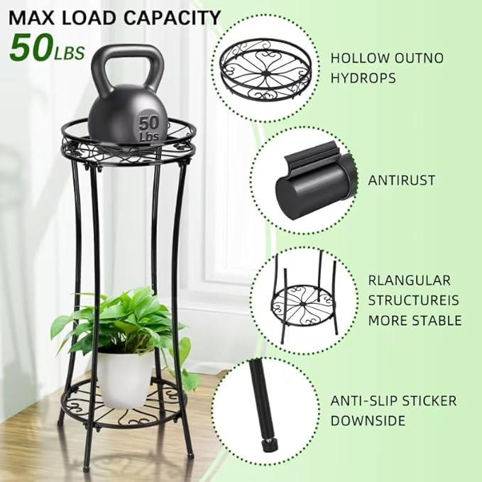 Azysow Plant Stand Indoor Outdoor 2 Tier 29" Tall Metal Heavy Duty Rustproof Plant Shelf, Round Multi Tier Flower Pot Holder for Garden Patio Balcony, Black (Black set of 2)