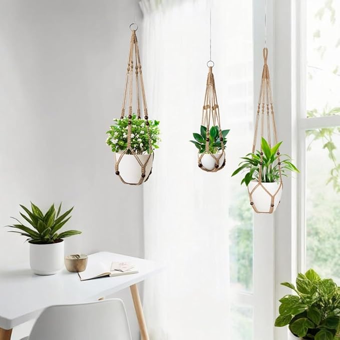MDKFKDK 3 Pack Macrame Plant Hanger,Hanging Plant Holder, Boho Home Decor Hanging Basket with Wood Beads,Hanging Planters for Indoor Plants,Plant Hanger Indoor 35"/29"/23" Brown (POTS NOT Included)