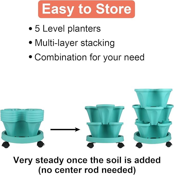 DUNCHATY Stackable Planter, Vertical Garden Planter with Wheels and Garden Tools, Strawberry Planter Indoor/Outdoor 5 Tier Herb Planter Pots for Growing Vegetables and Succulents,Teal