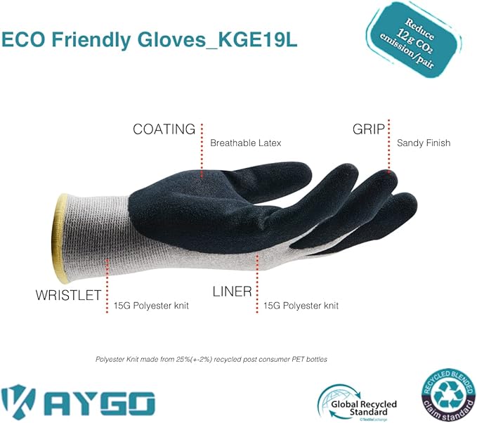 KAYGO Work Gloves for Women, Eco Friendly Safety Work Gloves with Breathable Rubber Coated, KGE19L,3 Pairs