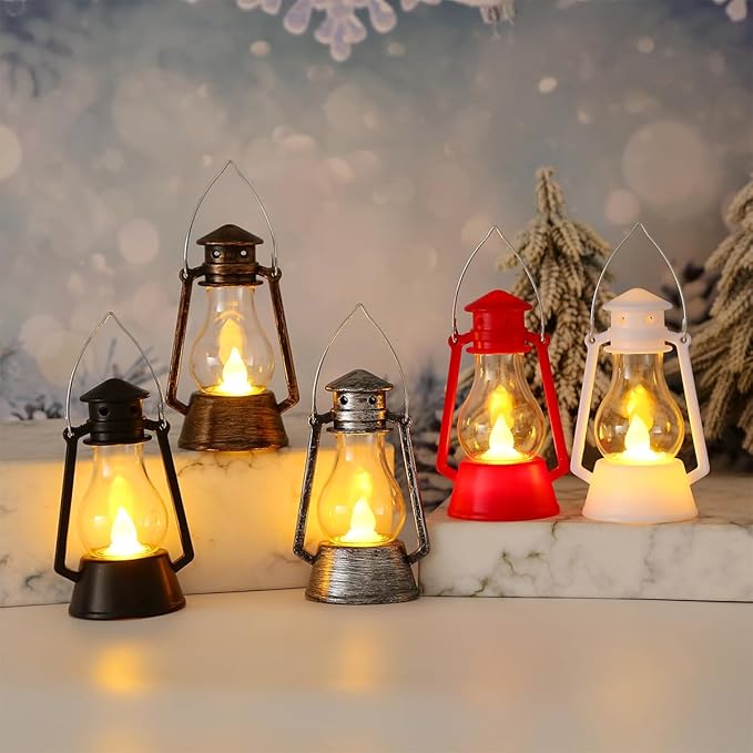 12Pcs LED Mini Vintage Lanterns Decor Indoor Decorative Outdoor Hanging Lantern Decorative Small Candle Lanterns Farmhouse Decor for Wedding Centerpiece,Halloween,Christmas,Farmhouse Decorative