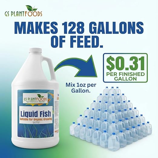 GS Plant Foods Liquid Fish Fertilizer - Organic Material Review Institute Listed (1 Gallon) – Natural Hydrolyzed Fish Fertilizer for Gardens, Lawns & Container Growing