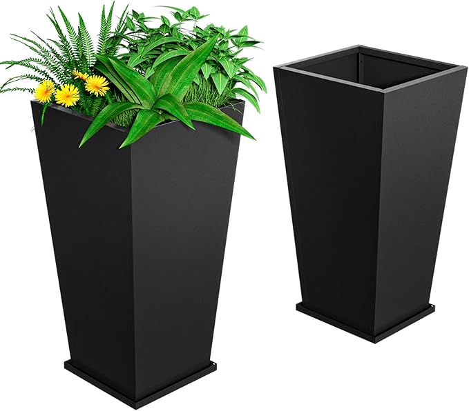 POOAMY Metal Planter 2 Pack, 15L x 15W x 30H, Heavy Duty Tall Planters for Outdoor Plants, Black Planters with Removable Insert Shelf, Large Planters with Drainage Holes for Porch, Patio, Black