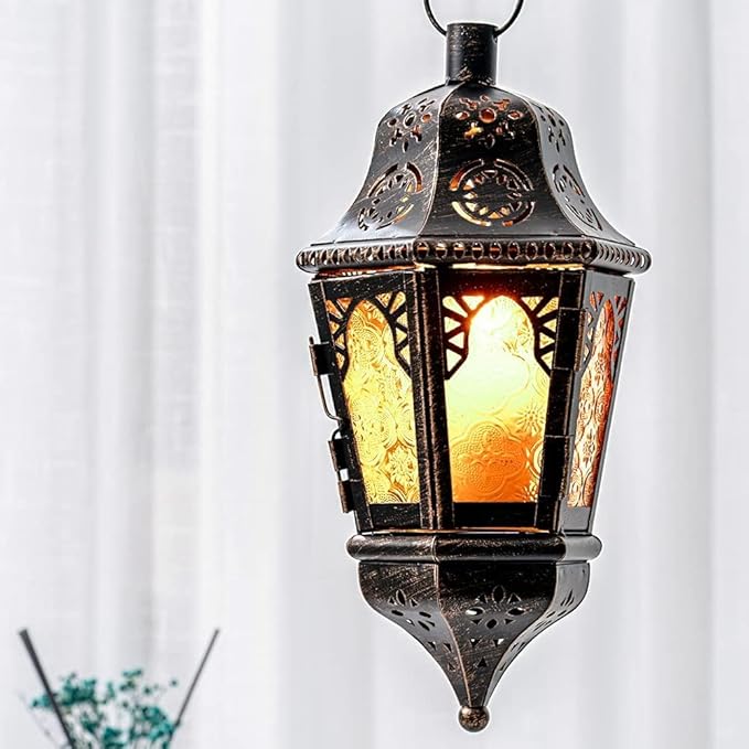 DECORKEY Ramadan Lantern Decorative Indoor & Outdoor, 13.6’’ Vintage Decorative Hanging Lanterns with Chian for Home Porch Patio Decor, Metal Christmas Moroccan Candle Holder Decorations (Amber)