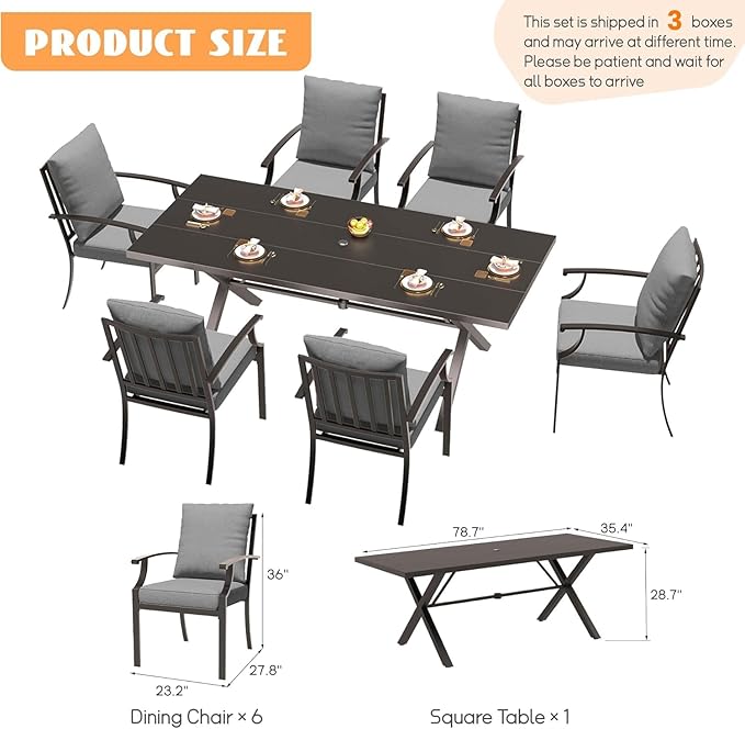 7-Piece Patio Dining Set Outdoor Conversation Set,Metal Outdoor Furniture Set with Umbrella Hole Cut-Out 78.7" x 35.4" Table and 6 Metal Backrest Chairs for Backyard,Garden,Grey