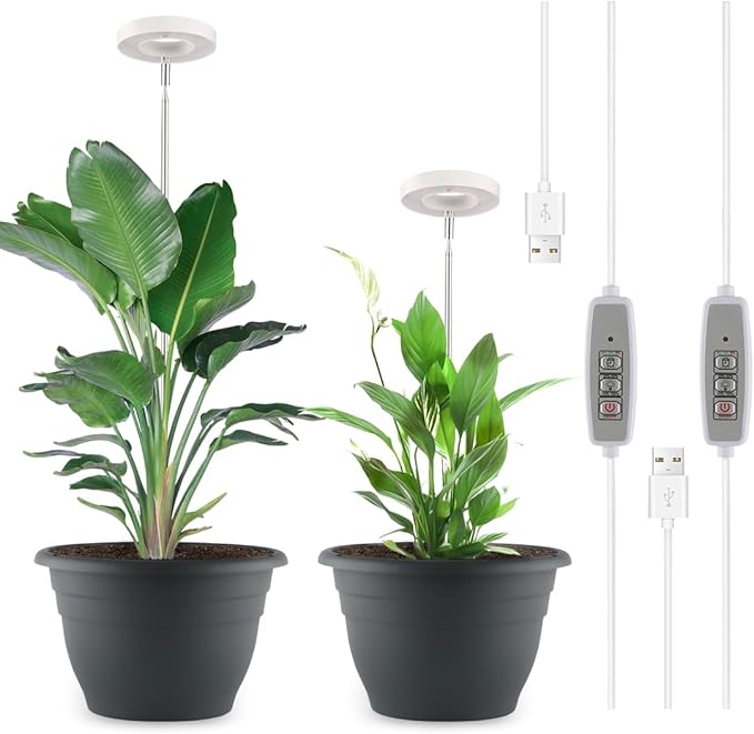 RooTrimmer 2 Pack 11 Inch Plant Pots with LED Grow Lights,Grey Indoor Flower Pots with Full Spectrum Dimmable Grow Lights,Drainage Holes & Plug,Soil Moisture Meter Included