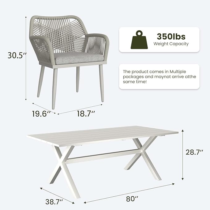 LayinSun Outdoor Dining Set for 4, 5 Pieces Patio Furniture Sets with Aluminum Dining Table and Rope Weave Chairs