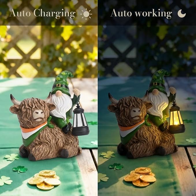 TERESA'S COLLECTIONS St Patricks Decorations for Outdoor Decor,Gnomes Resin Riding Highland Cow and Holding Lantern with Solar Lights for Outside,Shamrock Leprechaun Figurine, Irish Gifts,8.7"