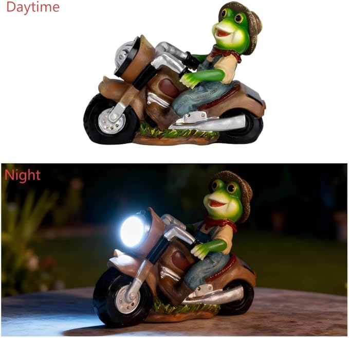 Solar Frog Motorcycle Statue Light-Outdoor Garden Decor Figurine with LED Headlight,-Resin Frog Riding Motorbike Ornament for Patio, Yard, Lawn, Pathway- Unique Housewarming Gift