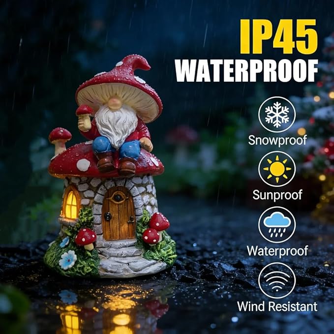 Solar Mushroom Gnomes Houses Figurine Lights, 8" Height Fairy Garden House LED Ornaments for Outside, Lighting Statue for Yard Patio Lawn Porch, Gardening Gifts for Women Mom Grandma