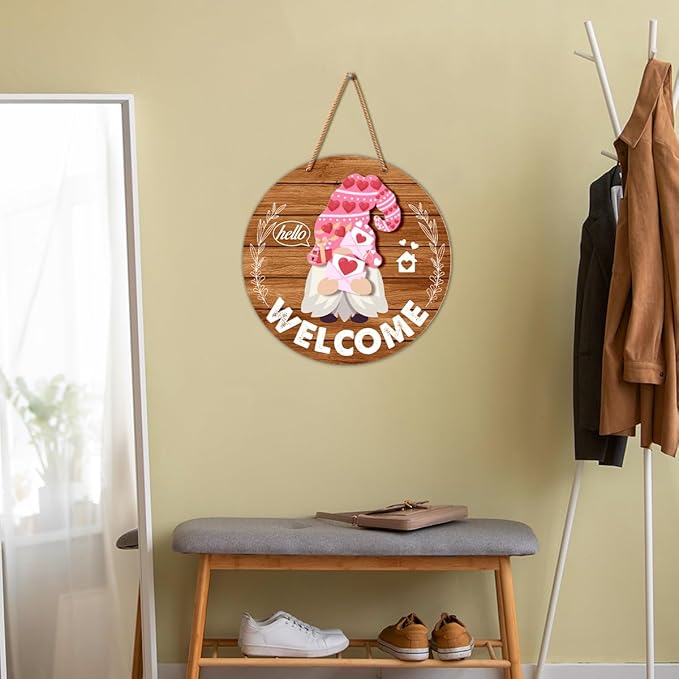 Interchangeable Gnome Welcome Sign Valentine's Day Porch Decor, Changeable Wooden Gnomes Front Door Decoration Wreath Hanger for Spring Summer Fall Winter All Seasons Holiday, Red Brown